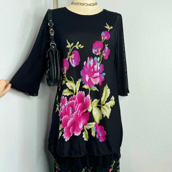 Foral Flower Mesh Flowy Layered Black Tunic Top Half Sleeves Lagenlook - Picture 1 of 7
